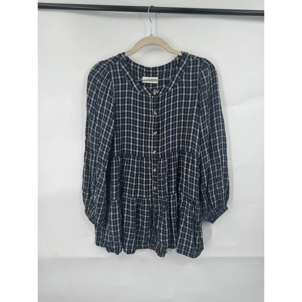 Lucky Brand Women's Size Medium Blue Plaid Button Up Tiered Peplum Tunic Western